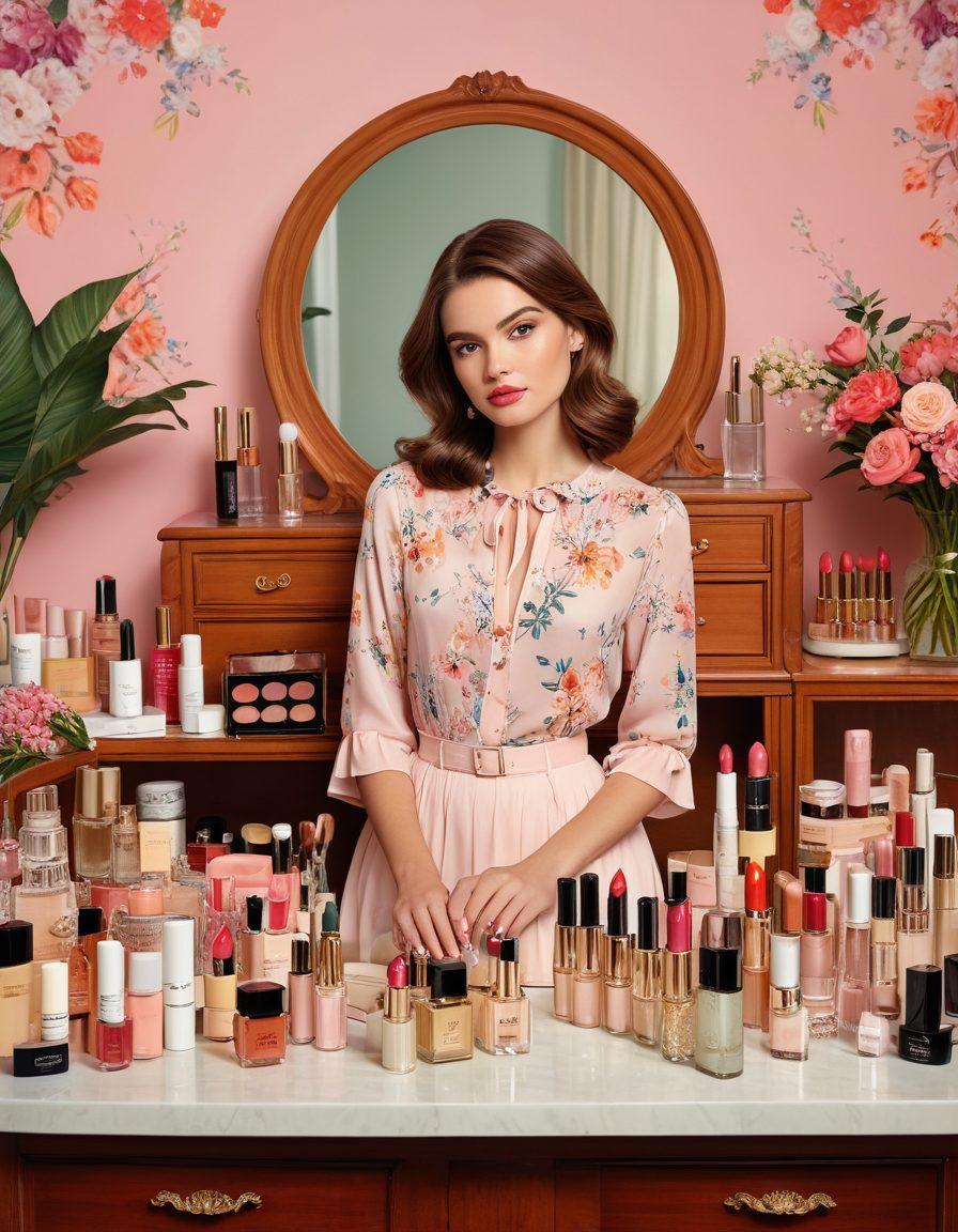 A stylish woman embodying chic elegance, surrounded by beauty products like lipsticks, perfumes, and skincare. Include a vintage-inspired backdrop reminiscent of the 1960s, showcasing iconic fashion elements with pastel colors. Subtle floral patterns weave through the scene, adding a touch of femininity. Bright and soft lighting creates a warm and inviting atmosphere. super-realistic. vibrant colors. vintage aesthetic.