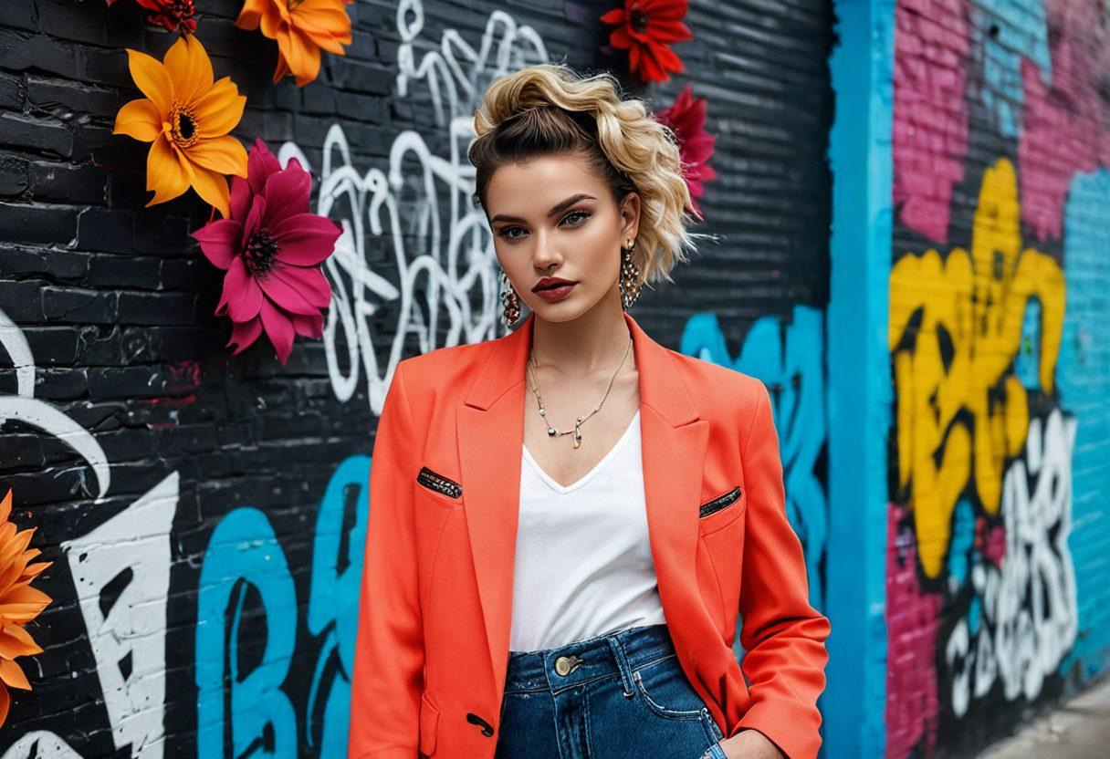 A stylish young woman confidently poses in a trendy urban setting, adorned in the latest fashion, showcasing a mix of vintage and modern styles. Surround her with vibrant flowers and fashion accessories that reflect a modern aesthetic. The backdrop should be a colorful graffiti wall that complements her outfit. Incorporate elements of beauty like bold makeup and unique hairstyles to enhance her trendsetting vibe. Use bright colors and a dynamic composition. super-realistic. vibrant colors. 3D.